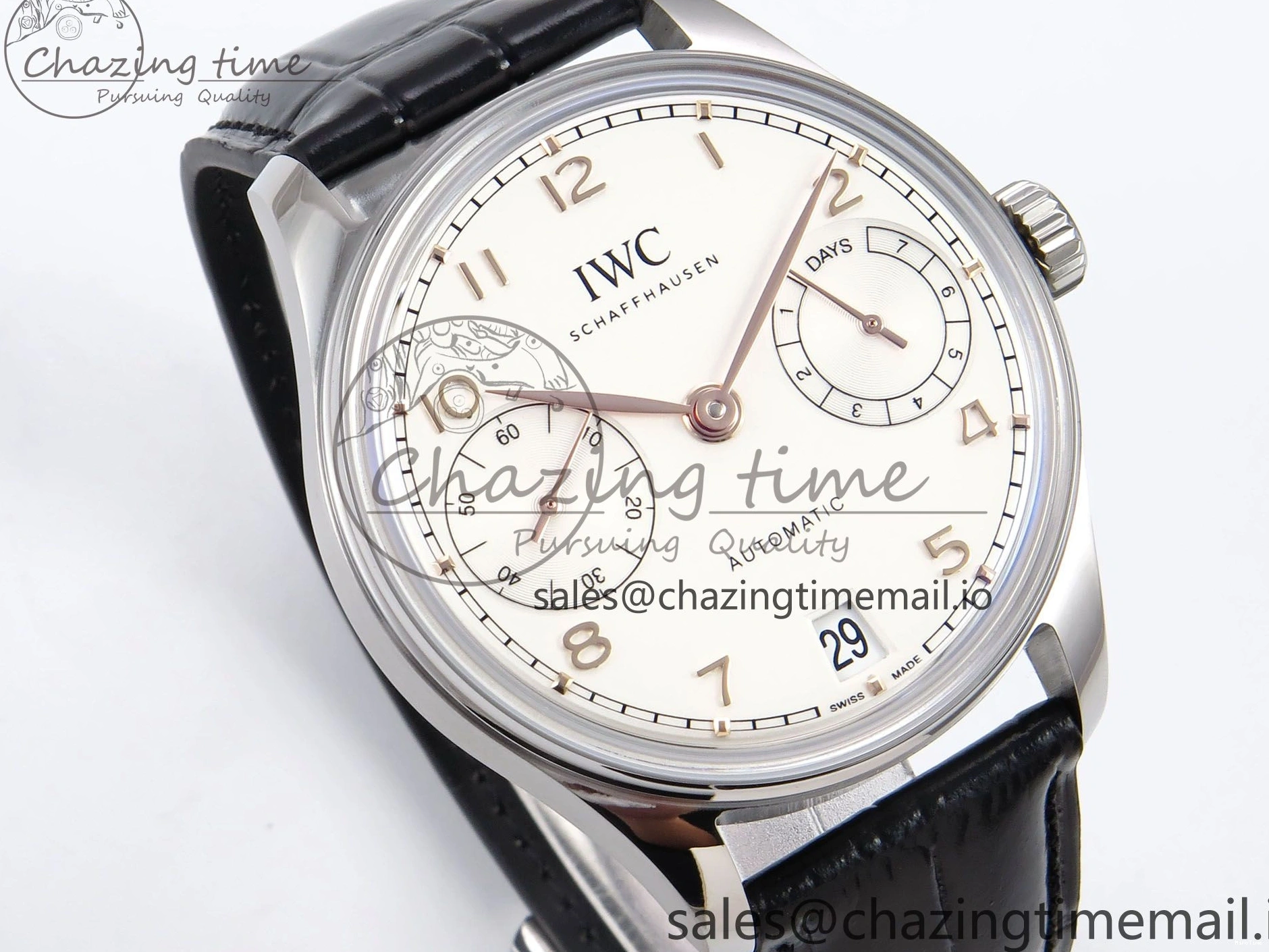 MIROTIME 0214 OnTrend Portugieser Automatic 42mm SS APSF 1:1 Best Edition White RG Dial on Black Leather Strap A 7010
